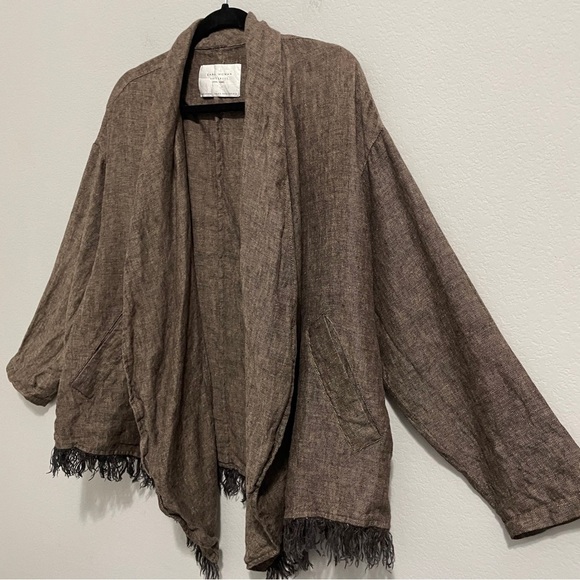 Zara Linen Cardigan Jacket Knit Brown Fringe Long Sleeve Womens XS S - Picture 3 of 13